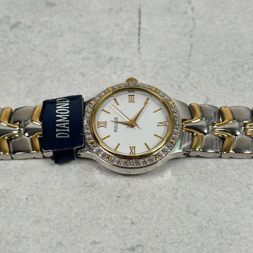 Pulsar Watch Womens 22mm Diamond Bezel White Dial Two Tone Elegant New Battery - Picture 2 of 12